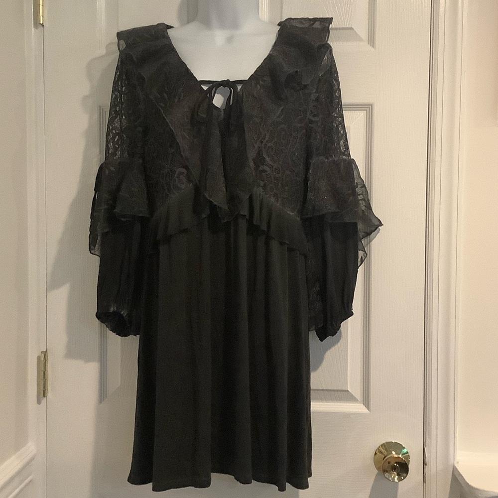 POL Gray Lace Ruffled Witchy Whimsigoth Moody Stevie Nicks Fall Mini Dress S